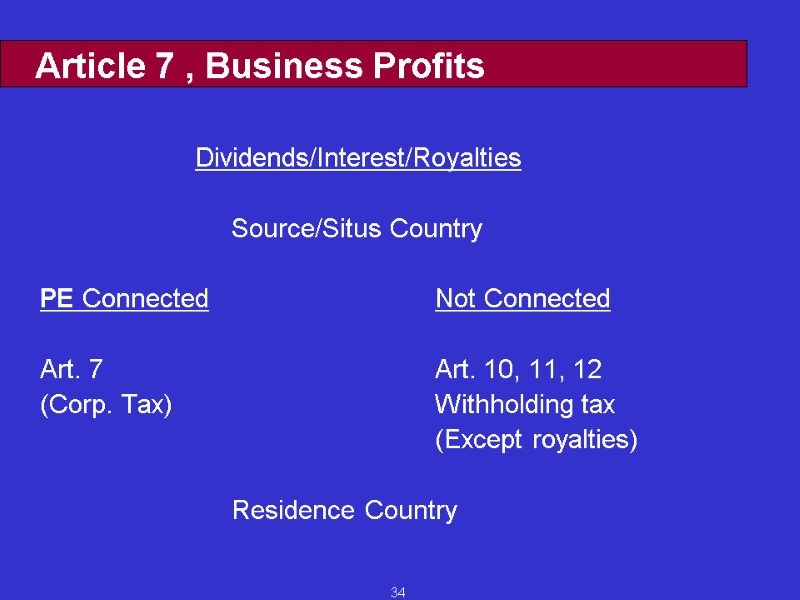 34 Article 7 , Business Profits    Dividends/Interest/Royalties    